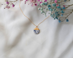 Blue Floral Porcelain Necklace with Gold Detail