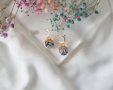Porcelain and Gold Blue Floral Drop Earrings with Gold Huggie Hoops