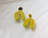 Neon Green and Gold Porcelain Drop Arch Earrings