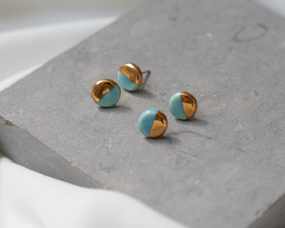 Gold and Porcelain Light Turquoise Mini Circle Studs